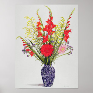 Tiger Lilies Gladioli and Scabious in a Blue Poster