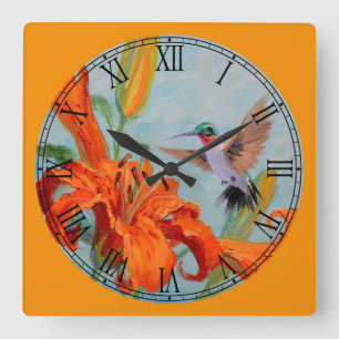 Tiger Lilies & Hummingbird Fine Art Roman Numeral Square Wall Clock