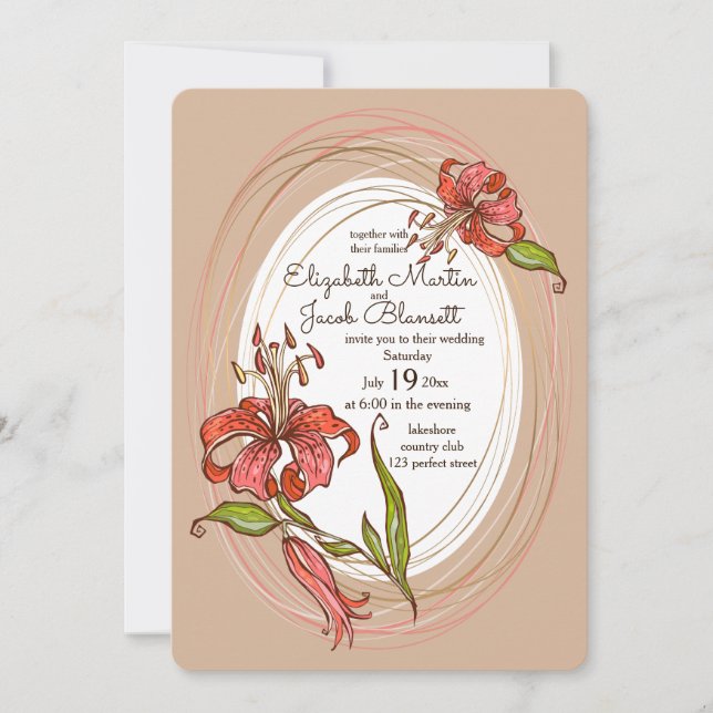 Tiger Lilies Wedding, light brown Invitation (Front)