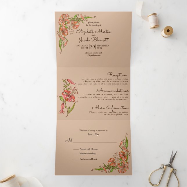 Tiger Lily All in One Wedding Tri-Fold Invitation (Inside)