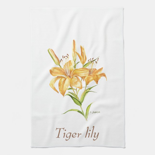 Tiger lily botanical floral watercolor  tea towel (Vertical)
