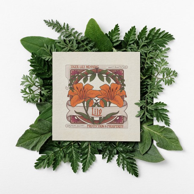 Tiger Lily- Flower Meaning Vintage-Style Green Invitation (Transport yourself to a magical garden with this charming tiger lily note card and flower meanings. )