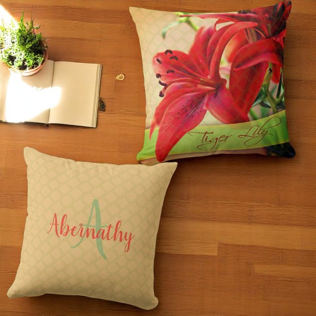 Tiger Lily Photo Front Monogram Template Back Cushion (Front and back throw pillow)