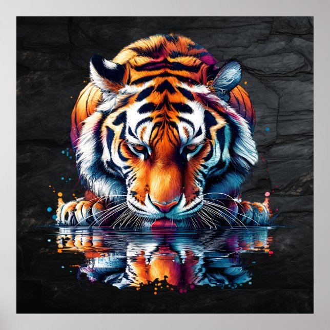 Tiger looking at Reflection in Water Poster (Front)