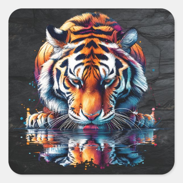 Tiger looking at Reflection in Water Square Sticker (Front)