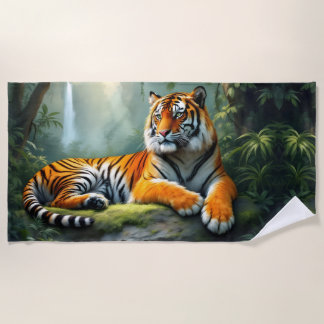 Tiger lounging in the jungle with waterfall beach towel