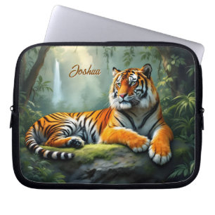 Tiger lounging in the jungle with waterfall laptop sleeve