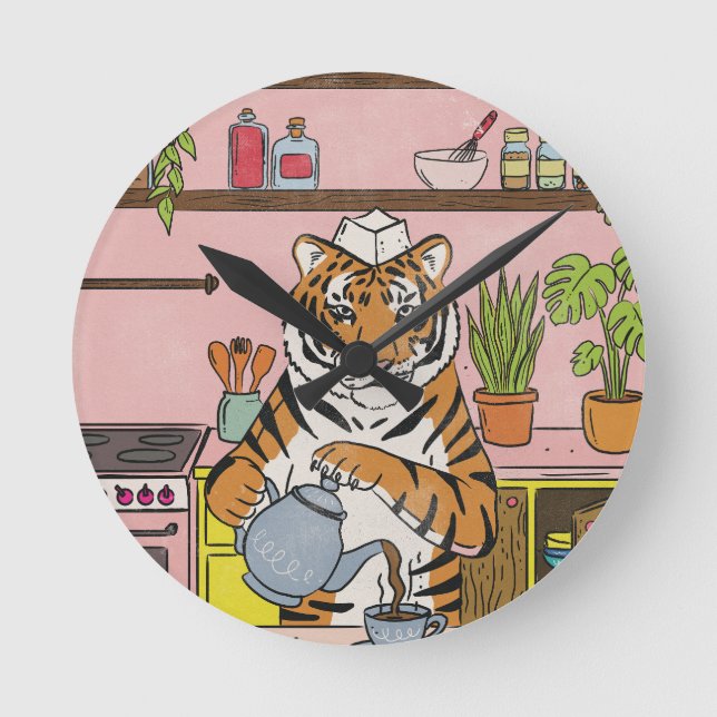 Tiger Making Tea Round Clock (Front)