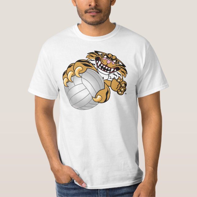 Tiger Mascot Playing Volleyball T-Shirt (Front)
