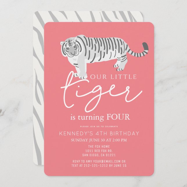 Tiger Modern Pink Kids Birthday Invitation (Front/Back)