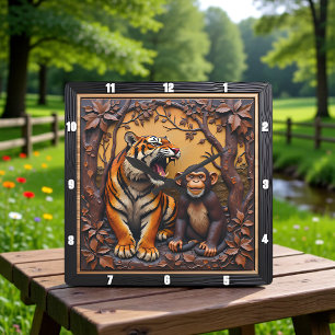 Tiger Monkey Jungle Carved Square Wall Clock