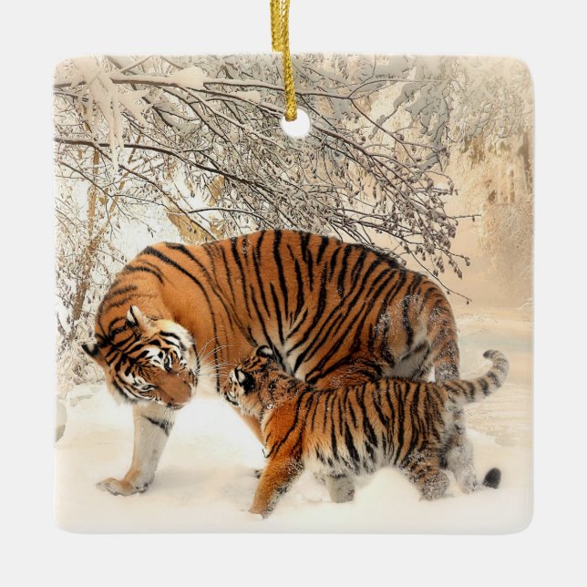 tiger mum and baby porcelain ornament (Front)