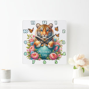 Tiger Mum: Baby, Flowers, Mother's Day Square Wall Clock