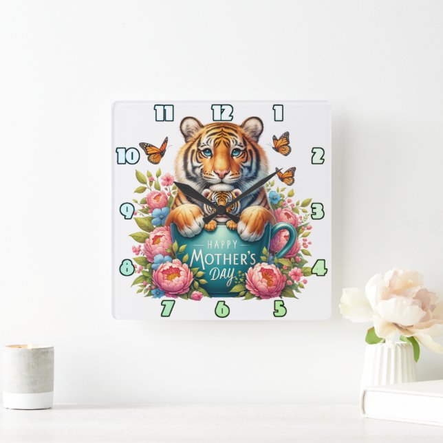 Tiger Mum: Baby, Flowers, Mother's Day Square Wall Clock (Home)