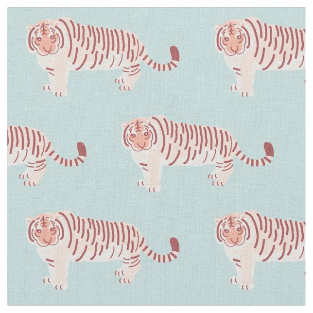 Tiger Mum & Cub Pattern Light Blue Fabric (Close Up)