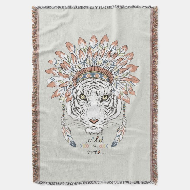 Tiger Native American Indian Chief Throw Blanket (Front Vertical)