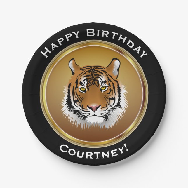 Tiger on Faux Gold Happy Birthday with Name Paper Plate (Front)