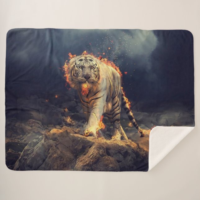 TIGER ON FIRE SHERPA BLANKET (Front (Horizontal))