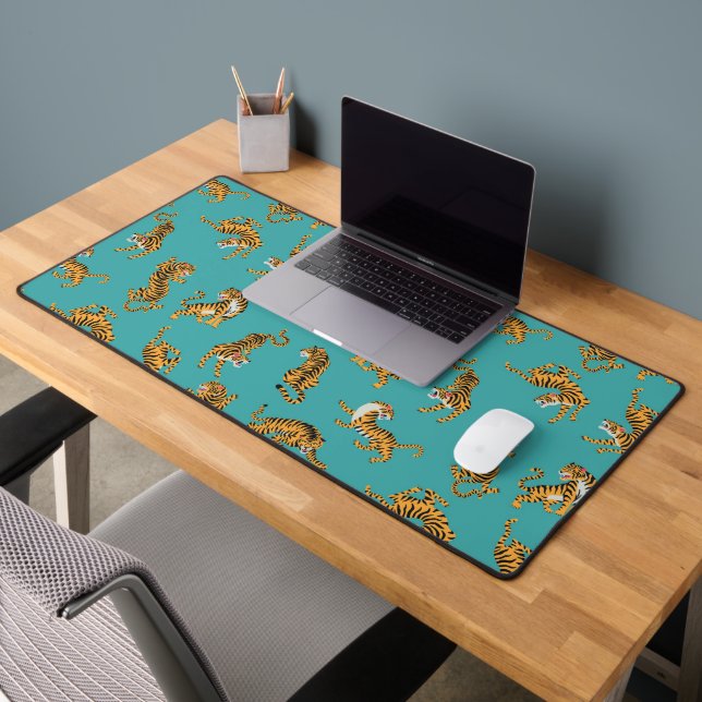 Tiger on Teal Pattern Desk Mat (Office 2)
