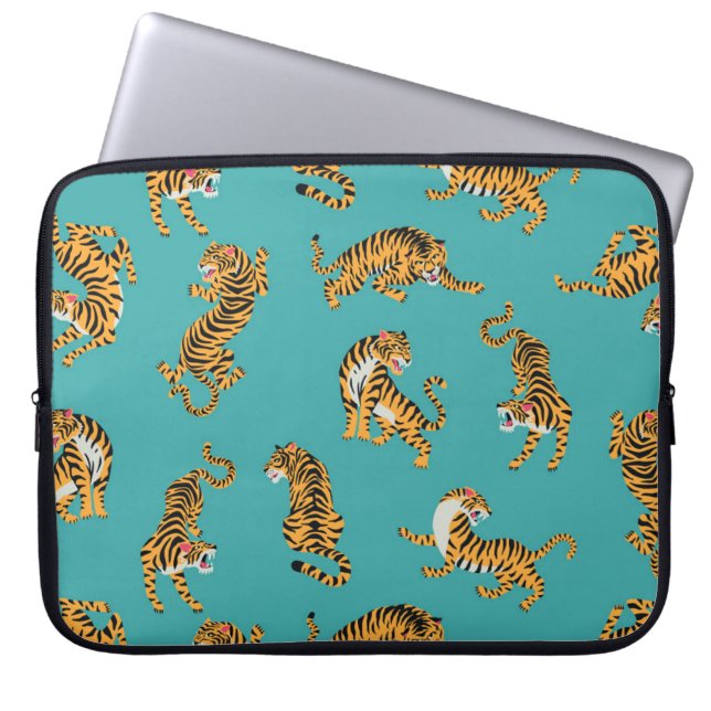 Tiger on Teal Pattern Laptop Sleeve (Front)