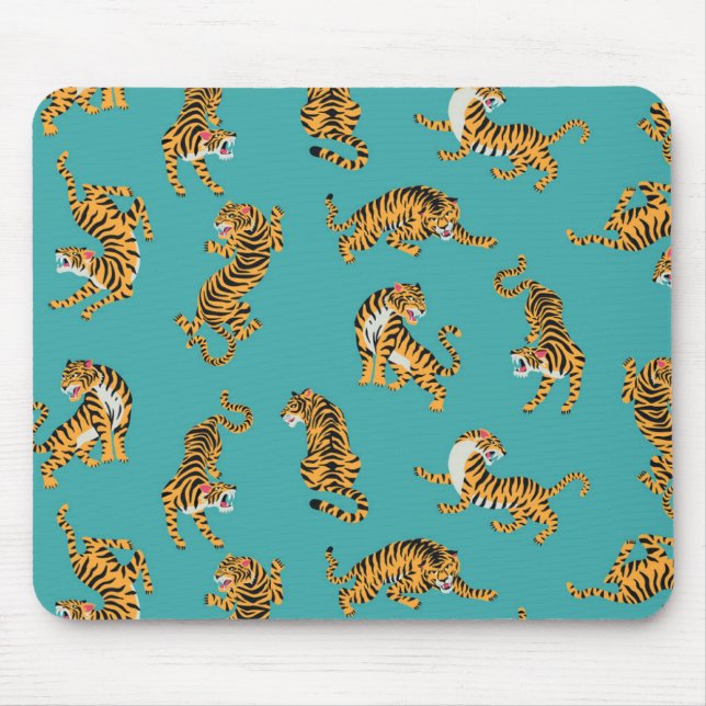 Tiger on Teal Pattern Mouse Mat (Front)