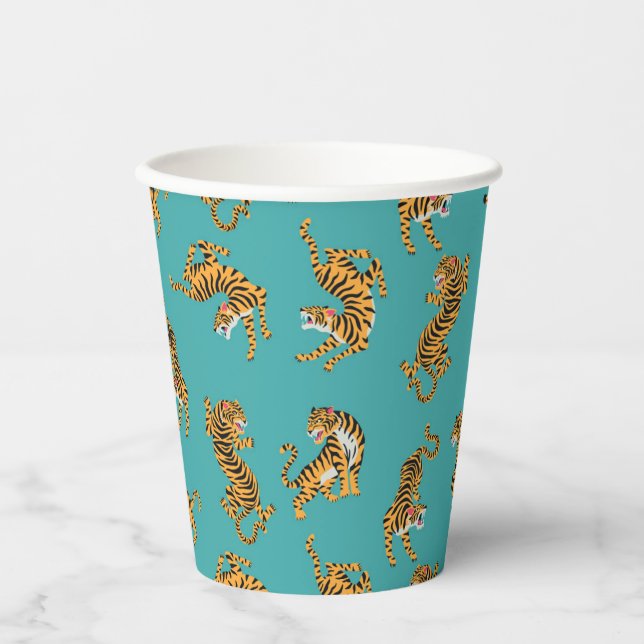Tiger on Teal Pattern Paper Cups (Front)