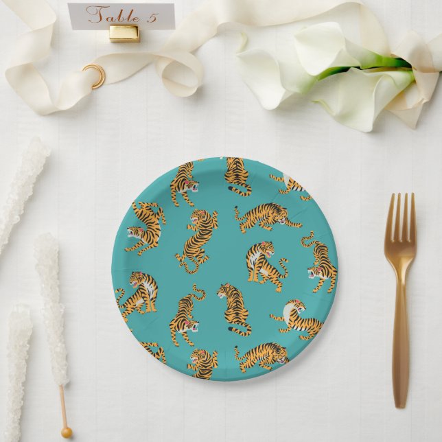 Tiger on Teal Pattern Paper Plate (Wedding)