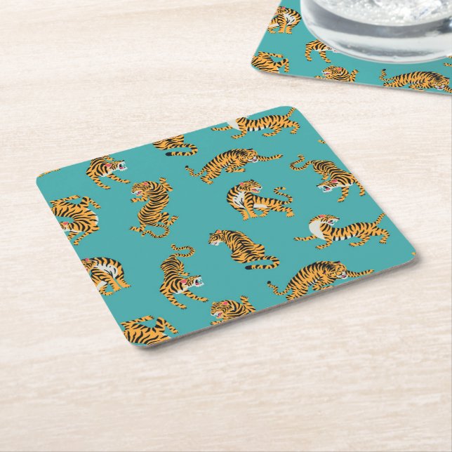Tiger on Teal Pattern Square Paper Coaster (Angled)