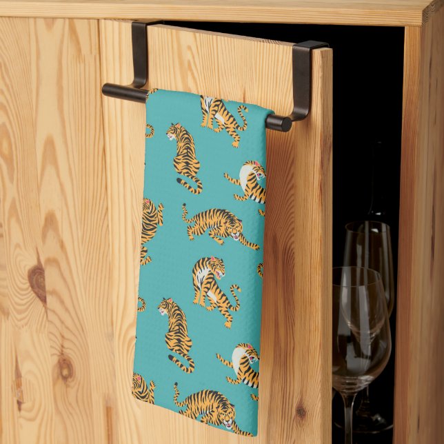 Tiger on Teal Pattern Tea Towel (Thirds Fold)