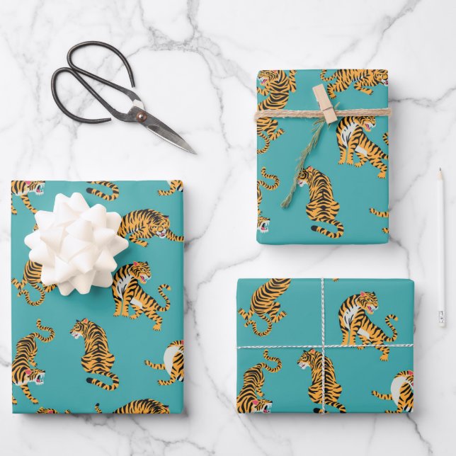 Tiger on Teal Pattern Wrapping Paper Sheet (Front)