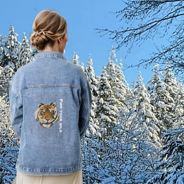 Tiger painting, looking at camera personalise text denim jacket (Creator Uploaded)