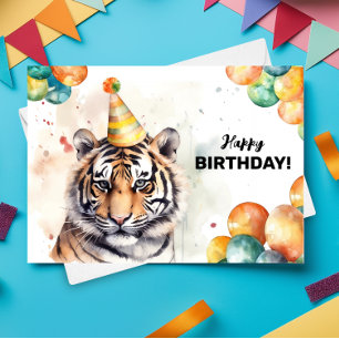 Tiger Party Hat Watercolor Portrait Happy Birthday Card