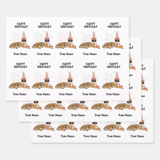 Tiger Partying - Animals Birthday Party Boy Girl Wrapping Paper Sheet (Set)