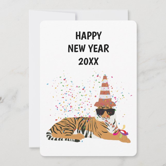 Tiger Partying - Animals Holiday New Years Card (Front)