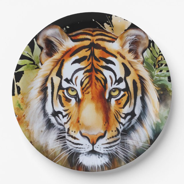 Tiger Pastel Flowers Safari Watercolor Savannah Paper Plate (Front)