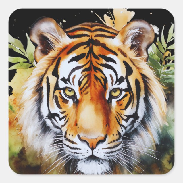 Tiger Pastel Flowers Safari Watercolor Savannah Square Sticker (Front)