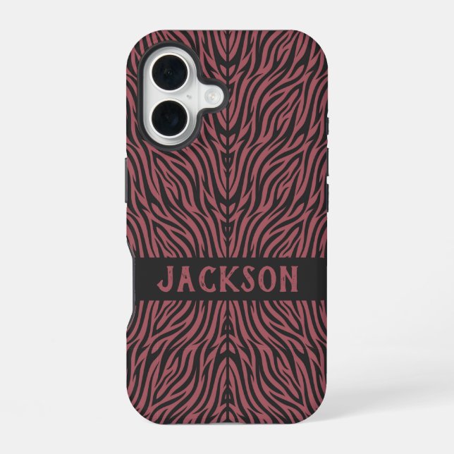 Tiger Pattern in Red and Gray with Name iPhone 16 Case (Back)