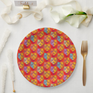 Tiger pattern on red background paper plate