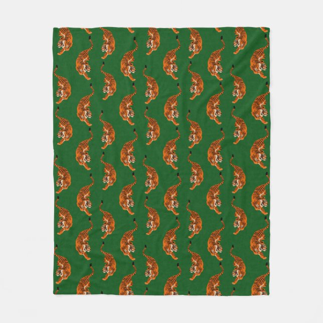 Tiger Pattern with Green Background Fleece Blanket (Front)