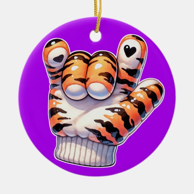 Tiger Paw ASL I LOVE YOU - SEE BACK!  Ceramic Tree Decoration (Front)