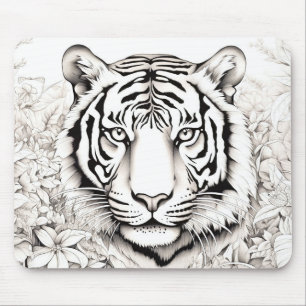 Tiger Peaceful Nature Prairie Sketch Drawing Style Mouse Mat
