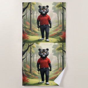 Tiger Playing Golf In The Woods, Beach Towel