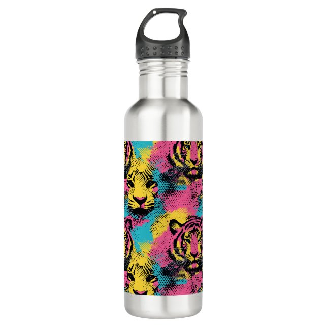 Tiger Pop Art Pattern in Pink, Yellow and Blue 710 Ml Water Bottle (Front)
