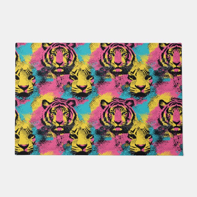 Tiger Pop Art Pattern in Pink, Yellow and Blue Doormat (Front)