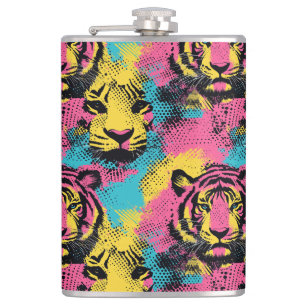 Tiger Pop Art Pattern in Pink, Yellow and Blue Hip Flask