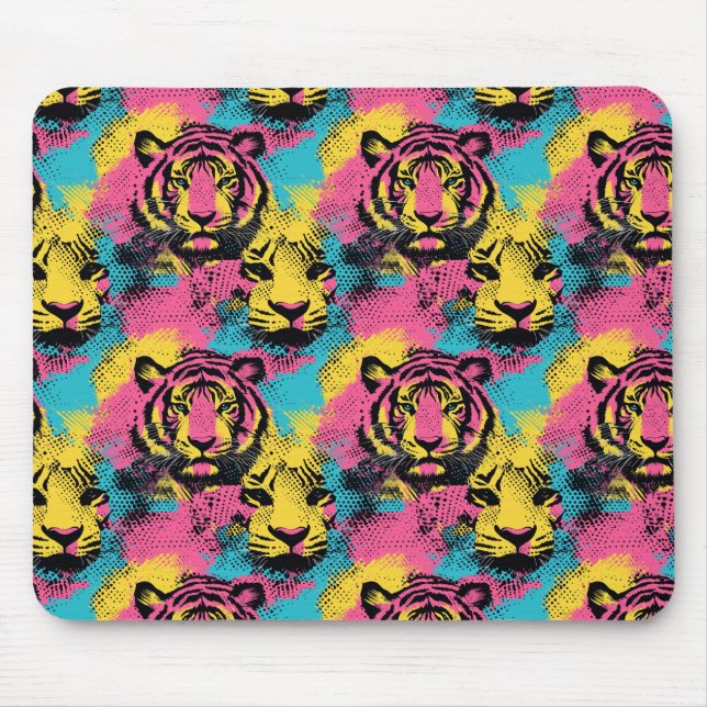 Tiger Pop Art Pattern in Pink, Yellow and Blue Mouse Mat (Front)