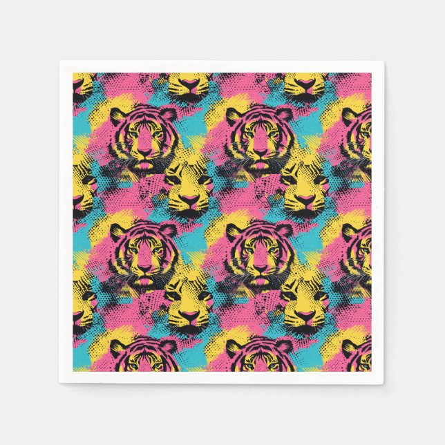 Tiger Pop Art Pattern in Pink, Yellow and Blue Napkin (Front)