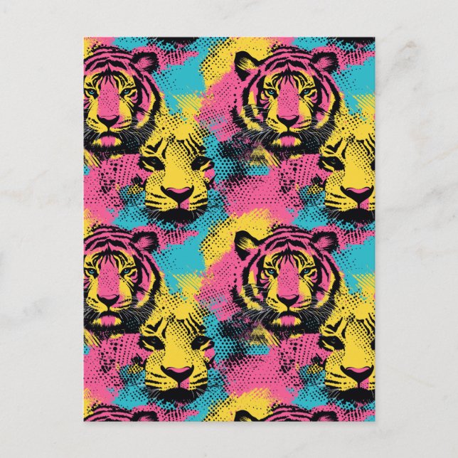 Tiger Pop Art Pattern in Pink, Yellow and Blue Postcard (Front)