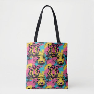 Tiger Pop Art Pattern in Pink, Yellow and Blue Tote Bag