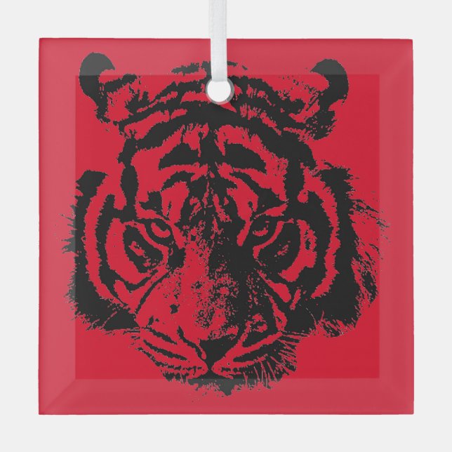 Tiger Pop Art Red Blue Black Glass Tree Decoration (Front)